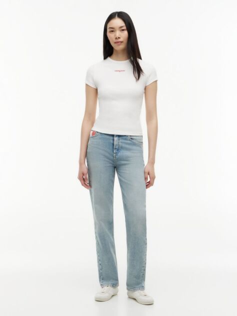 White Logo Ribbed Slim T-Shirt  Women