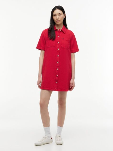 Red Textured Twill A-Line Mini Shirt Dress  Women