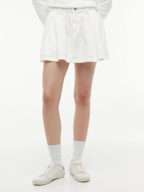 White Textured Twill Pleated Flared Mini Skirt  Women