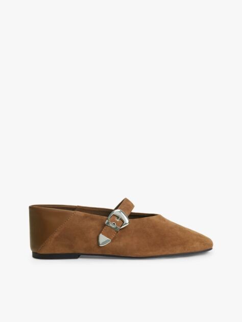Brown Suede Buckle Square Toe Ballerinas  Women