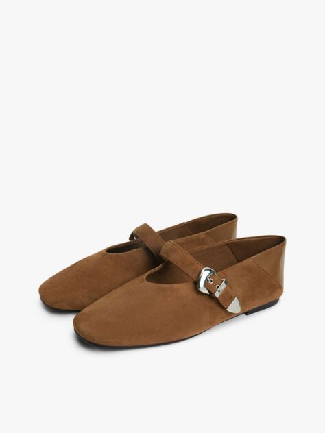 Brown Suede Buckle Square Toe Ballerinas  Women