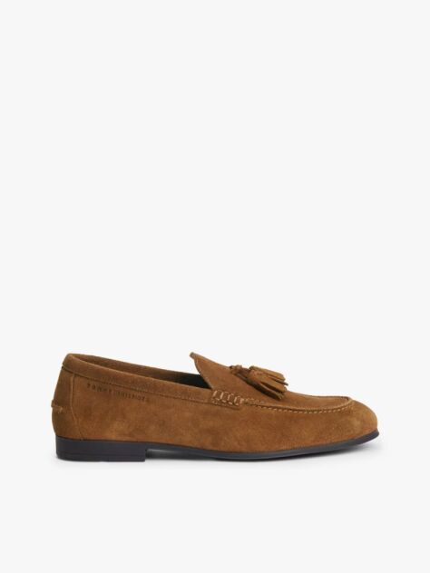 Brown Logo Tassel Flexible Suede Loafers  Men