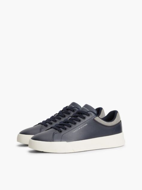 Blue Mixed Texture Court Sneakers With Leather  Men