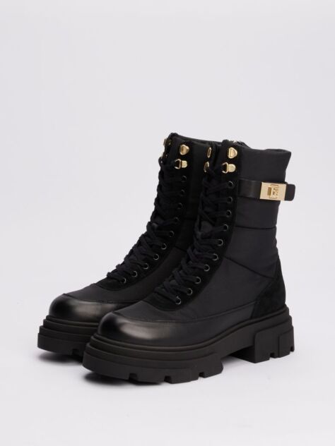 Black Leather Mixed Texture Cleat Biker Boots  Women