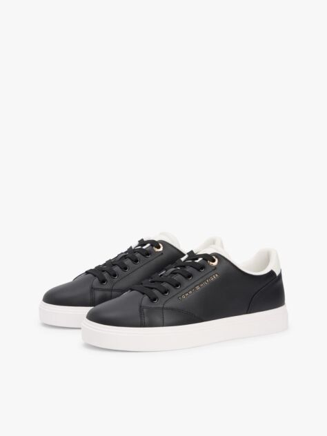 Black Leather Metallic Logo Cupsole Trainers  Women
