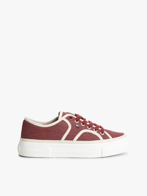 Red Contrast Piping Canvas Platform Trainers  Women