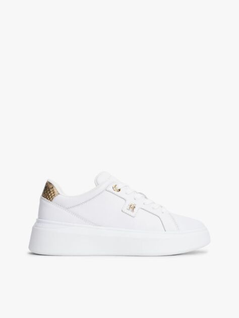 White Snake Print Heel Leather Platform Trainers  Women