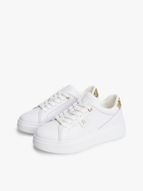 White Snake Print Heel Leather Platform Trainers  Women