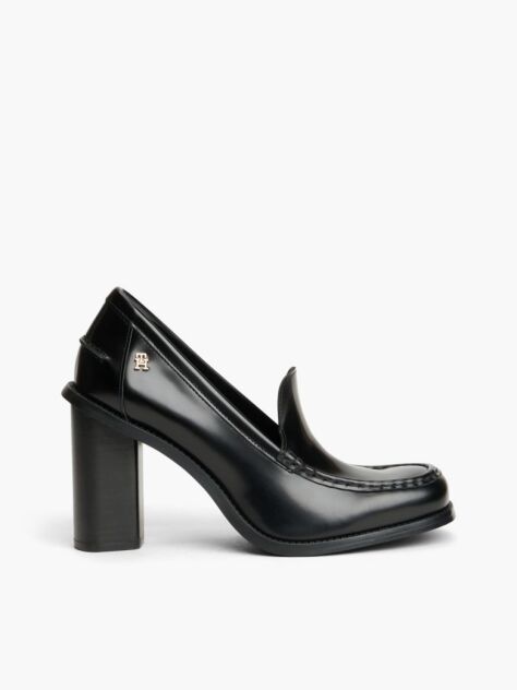 Black Block Heel Leather Loafers  Women