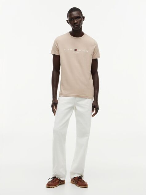 Beige Organic Cotton Chest Logo T-Shirt  Men