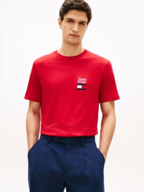 Red Logo Embroidery Jersey Crew Neck T-Shirt  Men