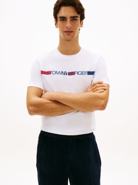 White Crew Neck Logo Panel T-Shirt  Men