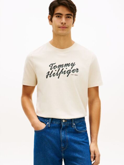 Beige Logo Graphic Crew Neck T-Shirt  Men