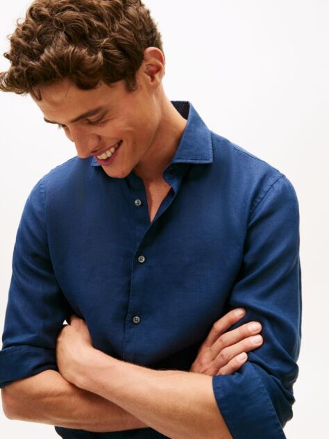 Blue Smart Casual Slim Fit Pure Linen Shirt  Men