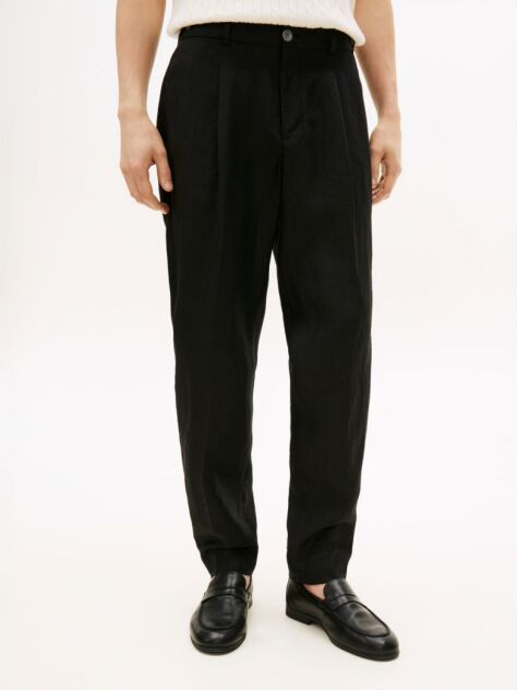 Black Smart Casual Tapered Leg Pure Linen Trousers  Men
