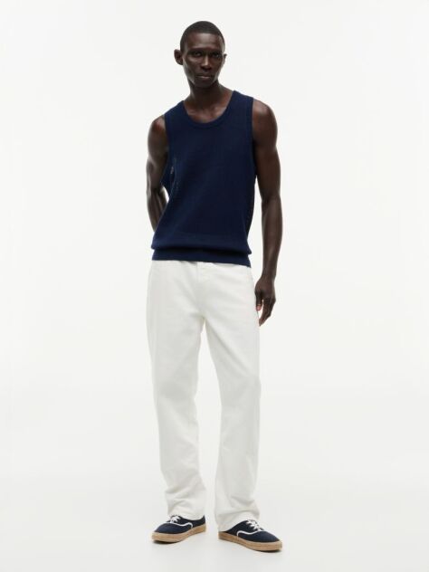 Blue Relaxed Knitted Structured Tank Top  Men