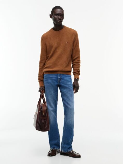 Brown Textured Crew Neck Jumper With Cashmere  Men