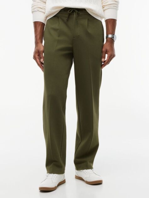 Green Pocket Trim Pleated Twill Trousers  Men