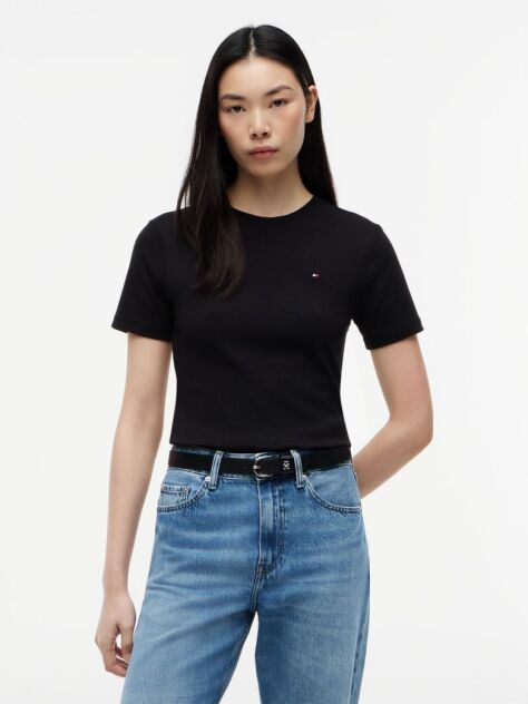 Μαύρο Ριμπ T-Shirt Σε Slim Γραμμή Με Κεντητό Σημαιάκι  Γυναίκες