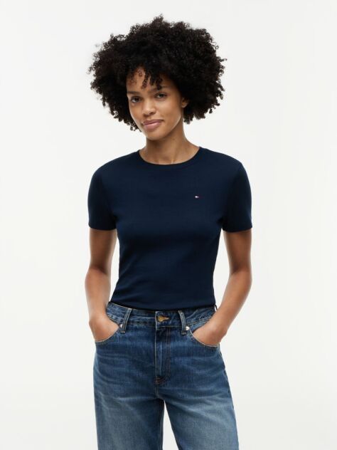 Μπλε Ριμπ T-Shirt Σε Slim Γραμμή Με Κεντητό Σημαιάκι  Γυναίκες