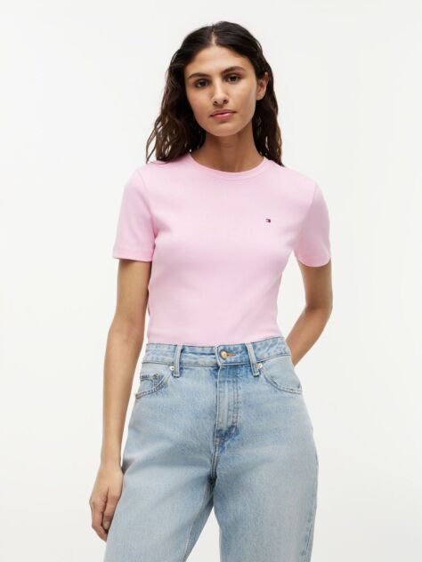 Ροζ Ριμπ T-Shirt Σε Slim Γραμμή Με Κεντητό Σημαιάκι  Γυναίκες