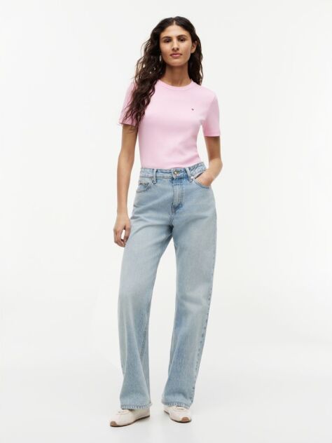 Ροζ Ριμπ T-Shirt Σε Slim Γραμμή Με Κεντητό Σημαιάκι  Γυναίκες
