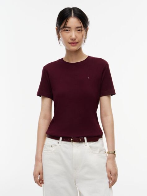 Red Flag Embroidery Ribbed Slim T-Shirt  Women