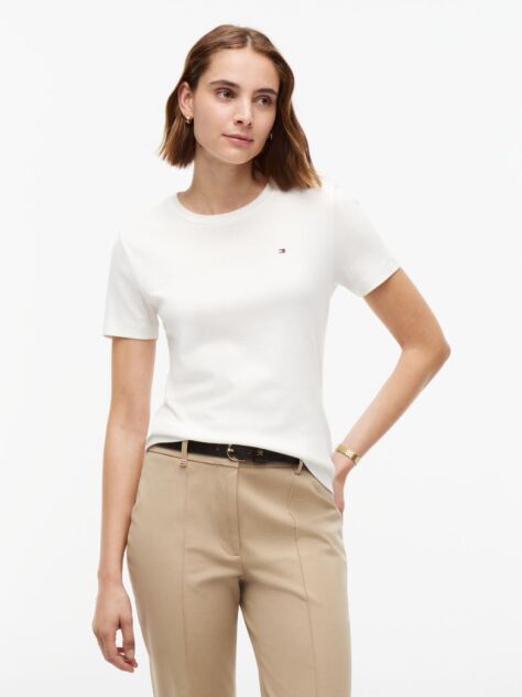 Μπεζ Ριμπ T-Shirt Σε Slim Γραμμή Με Κεντητό Σημαιάκι  Γυναίκες