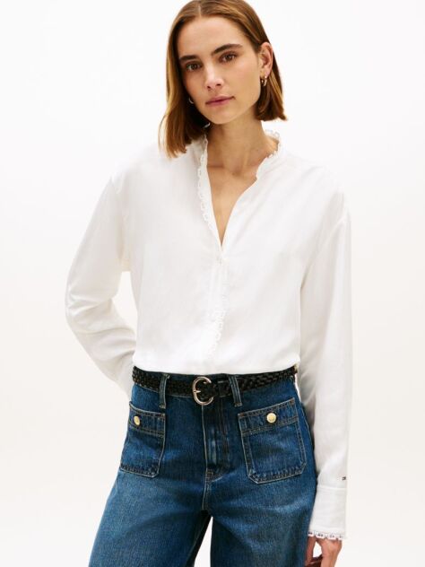 White Oversized Fit Lace Trim Shirt With Linen  Women