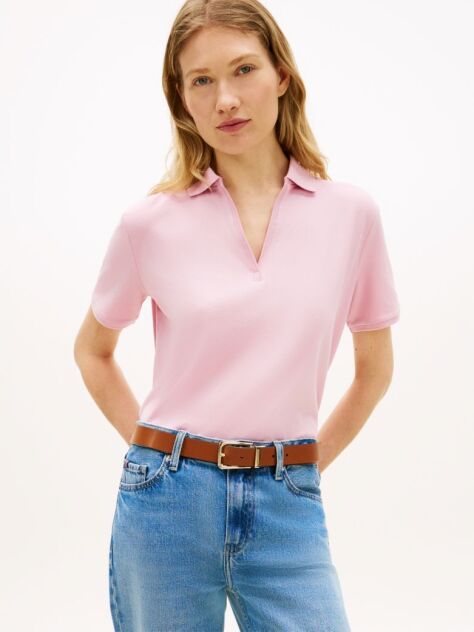Pink Relaxed Fit Open Placket Pique Polo Shirt  Women