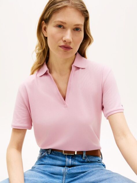 Pink Relaxed Fit Open Placket Pique Polo Shirt  Women
