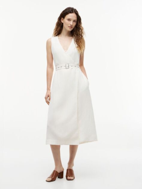 White Belted Linen Blend Sleeveless Wrap Midi Dress  Women