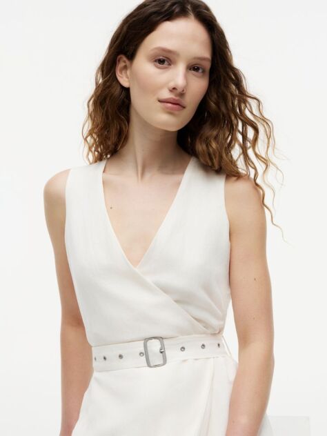 White Belted Linen Blend Sleeveless Wrap Midi Dress  Women