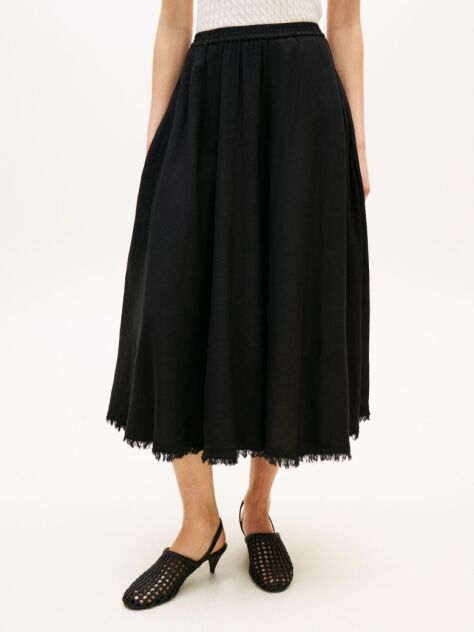 Black Pleated Linen Blend Midi A-Line Skirt  Women