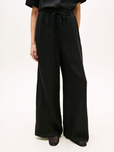 Black Relaxed Wide Leg Pure Linen Trousers  Women
