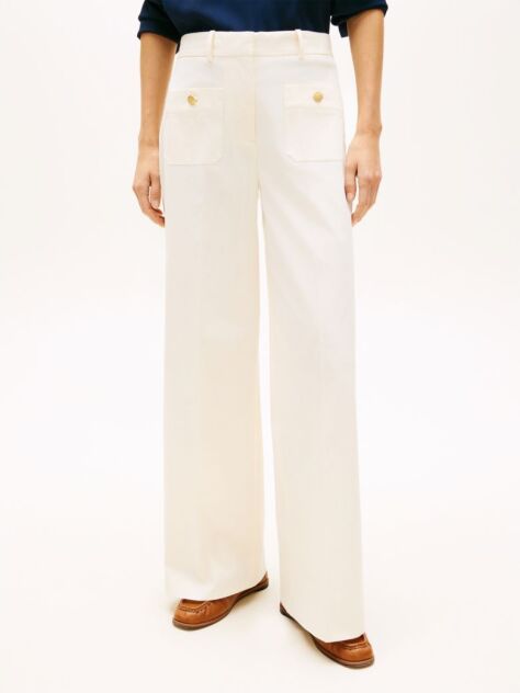 Beige Crest Embossed Button Wide Leg Chinos  Women