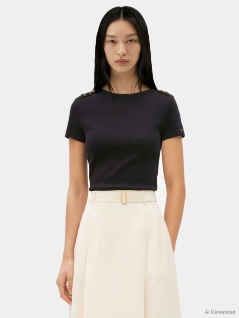 Black Gold-Tone Button Slim Boat Neck T-Shirt  Women