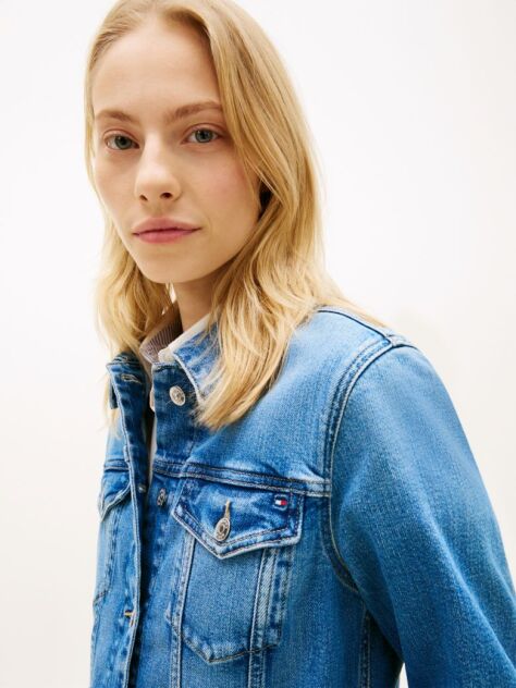 Μπλε Slim Denim Τζάκετ Με Κεντητό Σημαιάκι  Γυναίκες