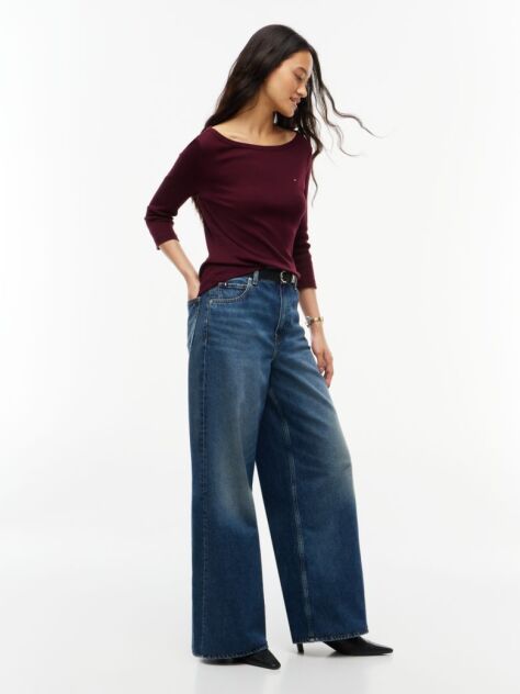Red Slim Boat Neck Three-Quarter Sleeve T-Shirt  Women