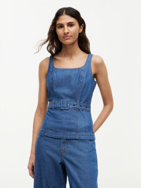 Blue Denim Sleeveless Belted Top  Women