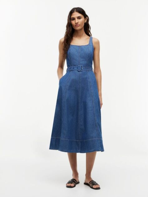 Μπλε Midi Denim Φόρεμα Εβαζέ Με Ζώνη  Γυναίκες