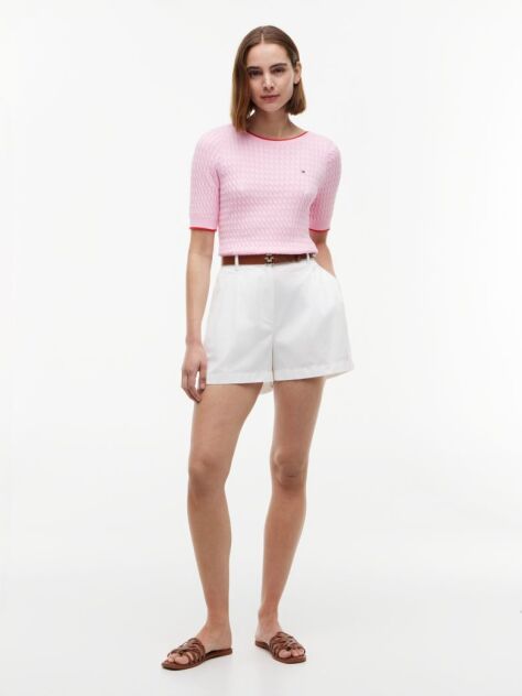 Pink Cable Knit Boat Neck Short Sleeve Jumper  Women