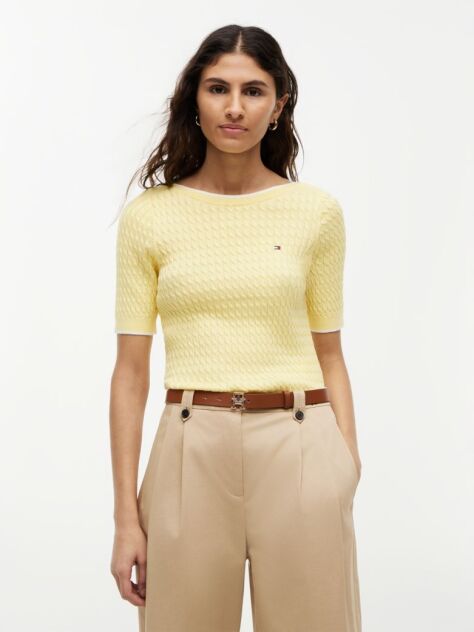 Yellow Cable Knit Boat Neck Short Sleeve Jumper  Women