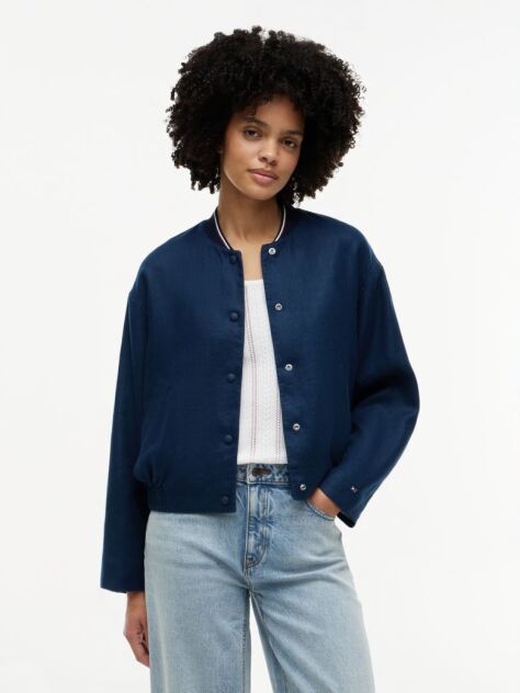 Blue Pure Linen Twill Bomber Jacket  Women