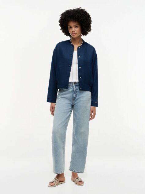 Blue Pure Linen Twill Bomber Jacket  Women