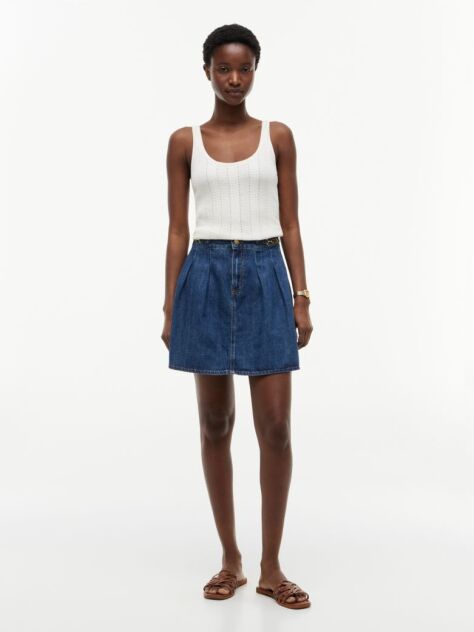 Blue Mid Rise Pleated Denim Midi Skirt  Women