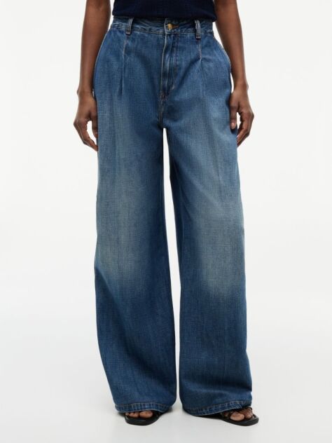 Blue Pleated Mid Rise Wide Leg Jeans  Women