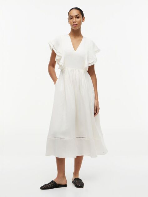 Beige Linen Blend Frill Sleeve Midi Dress  Women