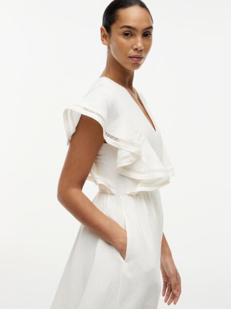 Beige Linen Blend Frill Sleeve Midi Dress  Women
