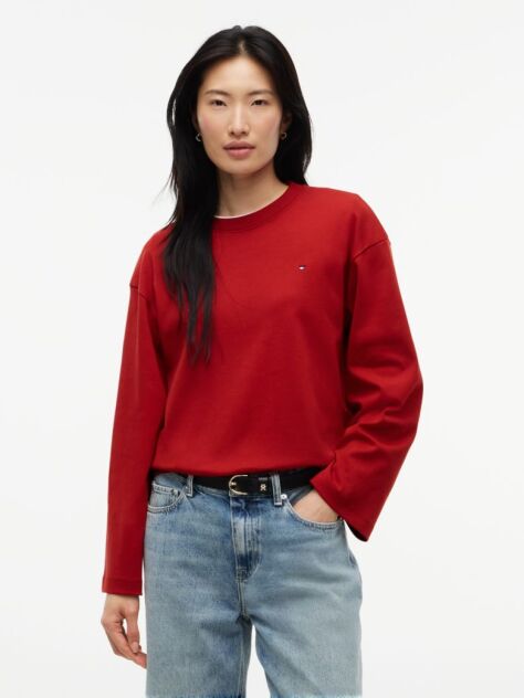Κόκκινο Άνετο Μακρυμάνικο T-Shirt Με Interlock Πλέξη  Γυναίκες